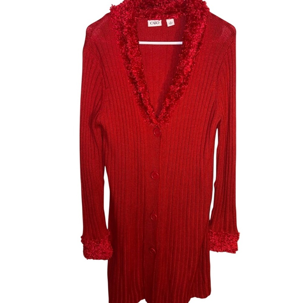 Cato Womens Red Ribbed Longline Cardigan Eyelash Faux Fur Trim XL Sweater